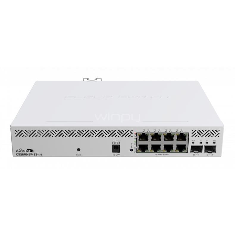 Switch Mikrotik de 10 Puertos (PoE+ 8 Puertos Giga RJ45 + 2 Puertos SFP+ 10Gbps, SwitchOS Lite)