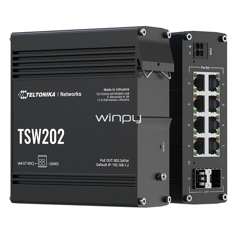 Switch Industrial Teltonika TSW202 de 8 Puertos (VLAN, PoE, 2 Puertos de Fibra SFP)