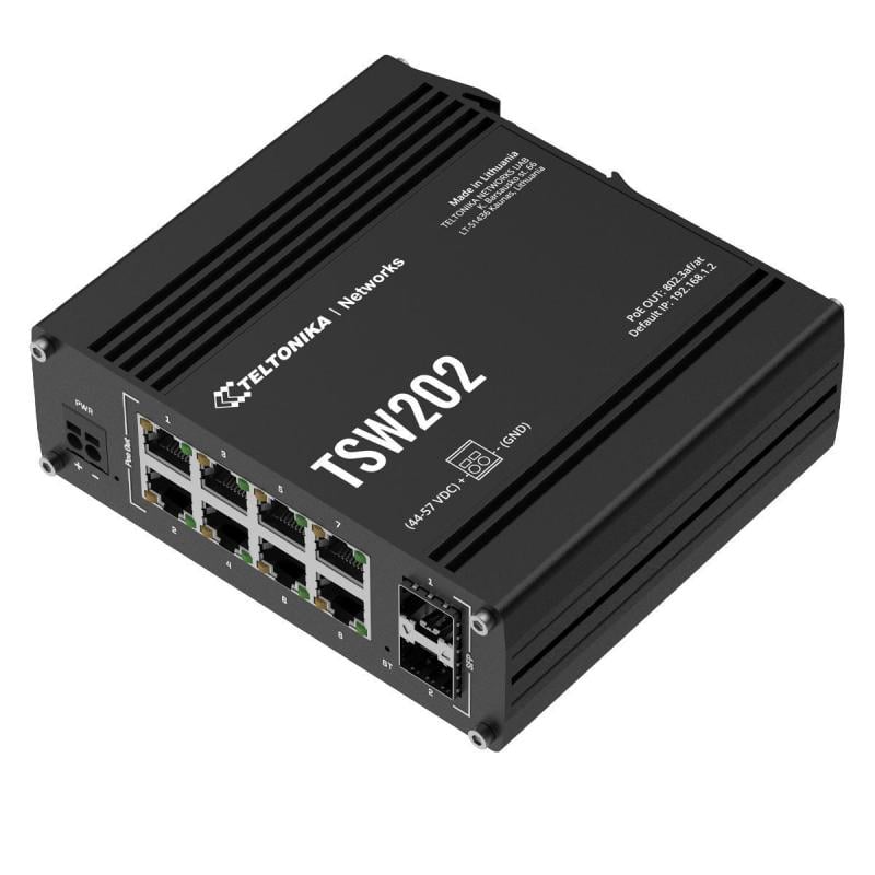 Switch Industrial Teltonika TSW202 de 8 Puertos (VLAN, PoE, 2 Puertos de Fibra SFP)