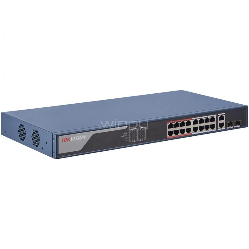 Switch Hikvision Smart PoE DS-3E1318P-EI de 16 Puertos (Gestionable, Gigabit, 9.2Gbps, 230W)