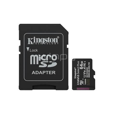 Tarjeta MicroSD Kingston Canvas Select Plus de 64GB (U1, hasta 100MB/s, Adaptador SD)