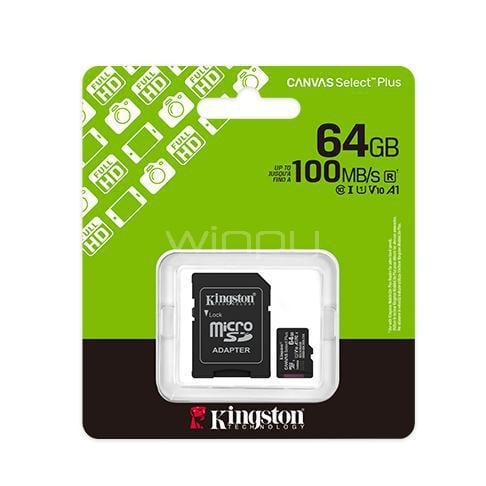 Tarjeta MicroSD Kingston Canvas Select Plus de 64GB (U1, hasta 100MB/s, Adaptador SD)