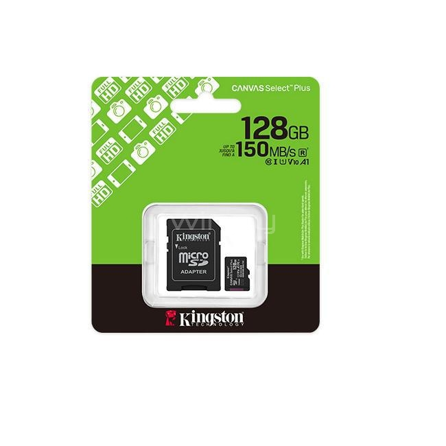 Tarjeta MicroSD Kingston Canvas Select Plus de 128GB (U1, hasta 150MB/s, Adaptador SD)
