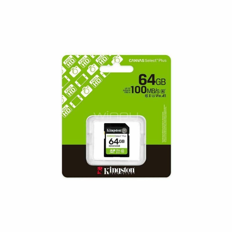 Tarjeta de Memoria SD Kingston Canvas Select Plus de 64GB (UHS-I, U3, Clase 10)