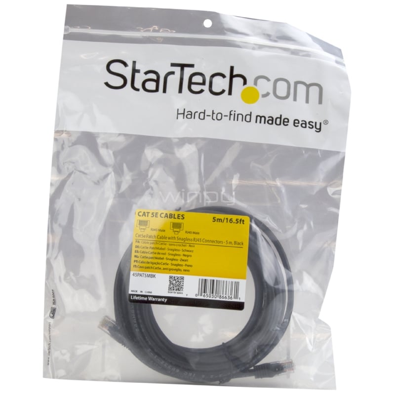 Cable de 5m de red Ethernet Cat5e RJ45 sin traba snagless - Negro - StarTech