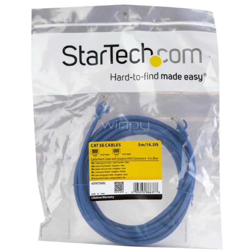 Cable de 5m de red Ethernet Cat5e RJ45 sin traba snagless - Azul - StarTech