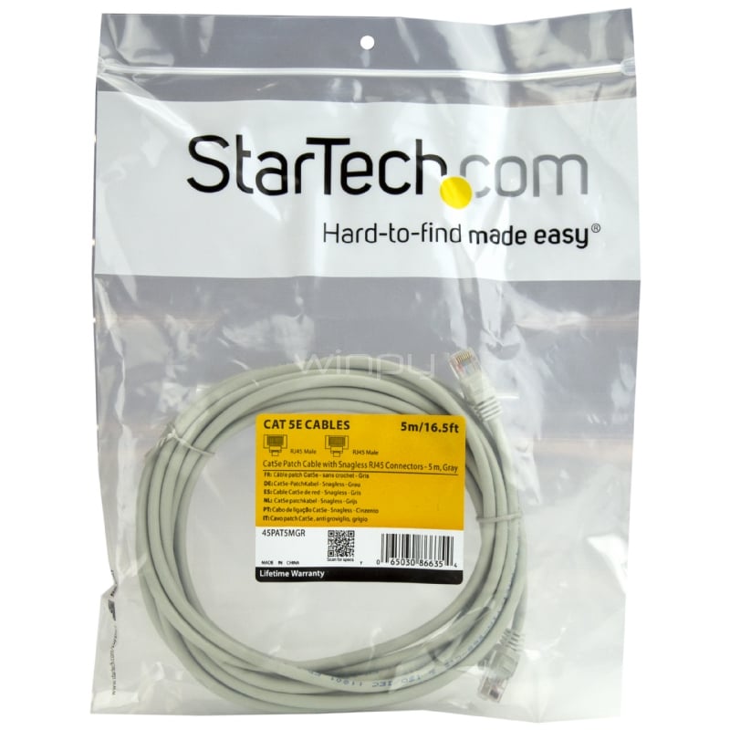 Cable de 5m de red Ethernet Cat5e RJ45 sin traba snagless - Gris - StarTech