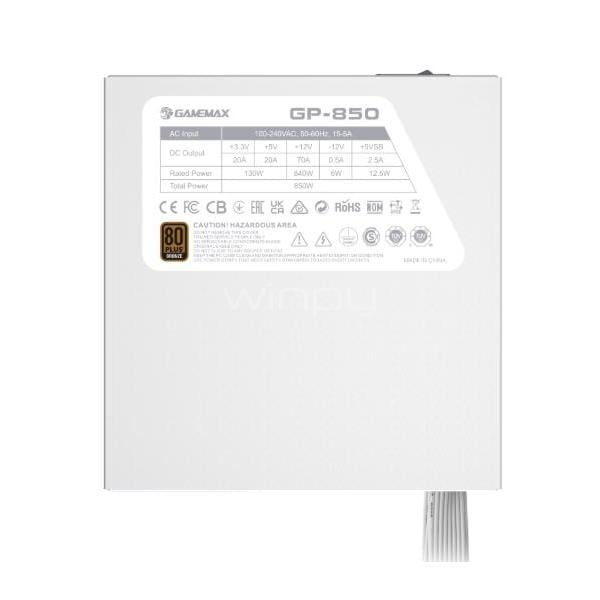 Fuente de Poder GameMax de 850 Watts (Certificada 80+ Bronze, ATX, Blanca)
