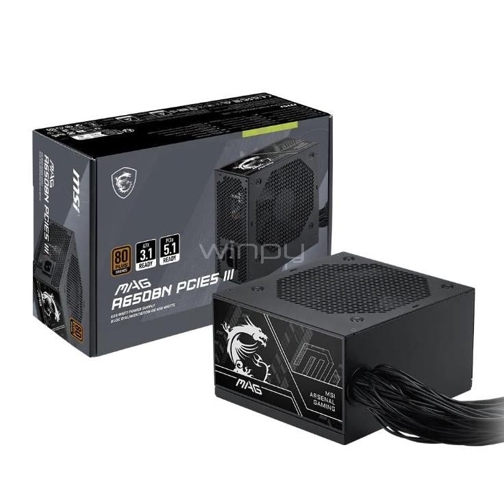 Fuente de Poder MSI MAG A650BN PCIE5 III de 650W (Certificada 80+ Bronce, ATX)