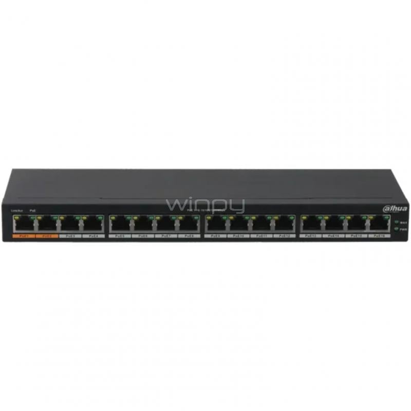 Switch Dahua DH-PFS3016-16GT-190 de 16 Puertos (No Gestionado, Gigabit, PoE, 190W)