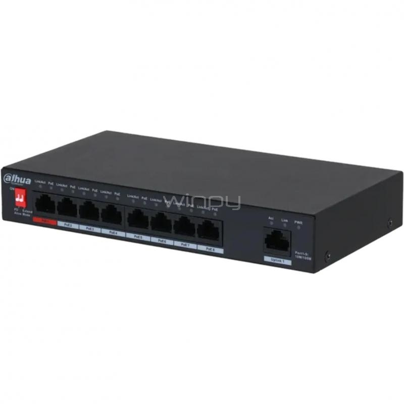 Switch Dahua DH-PFS3009-8ET-96-V2 de 9 Puertos (No Gestionado, 8 Puertos PoE, 1.8 Gbps, 96W)