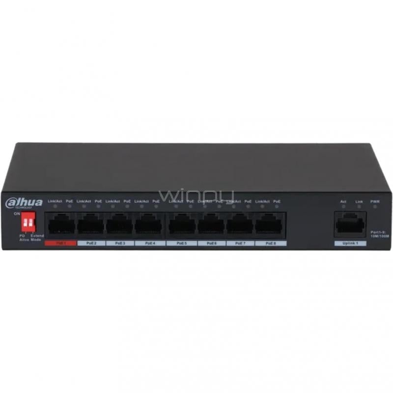 Switch Dahua DH-PFS3009-8ET-96-V2 de 9 Puertos (No Gestionado, 8 Puertos PoE, 1.8 Gbps, 96W)