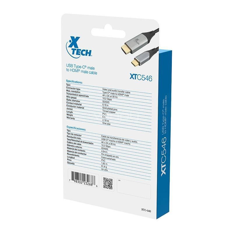 Cable USB-C a HDMI Xtech de 1.8 mts (4K x 2K, 30Hz, Plug & Play)