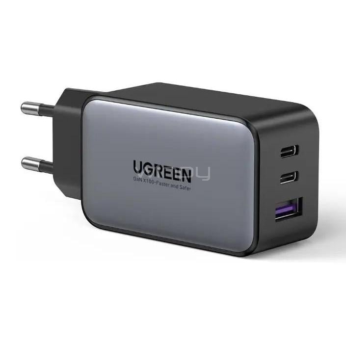 Cargador Rápido UGREEN GaN de 65W (USB-C 2x, USB-A 1x, PD 3.0, Gris)