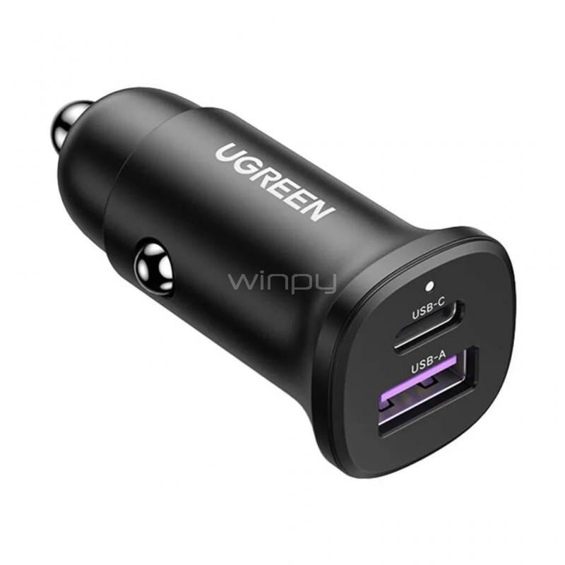 Cargador de Auto Rápido UGREEN de 30W (USB-C 1x, USB-A 1x, PD 3.0, Negro)