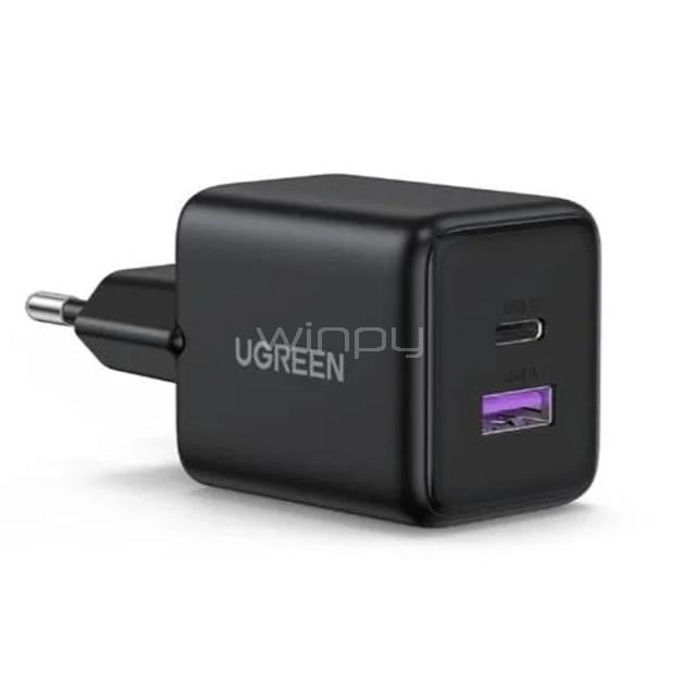 Cargador Rápido UGREEN GaN de 30W (USB-C 1x, USB-A 1x, PD 3.0, Negro)