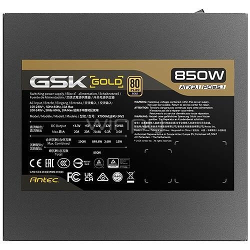 Fuente de Poder Antec GSK850 V2 de 850W (ATX, 80+ Gold, Full Modular)