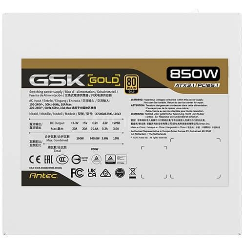Fuente de Poder Antec GSK850 V2 WHITE de 850W (ATX, 80+ Gold, Full Modular)