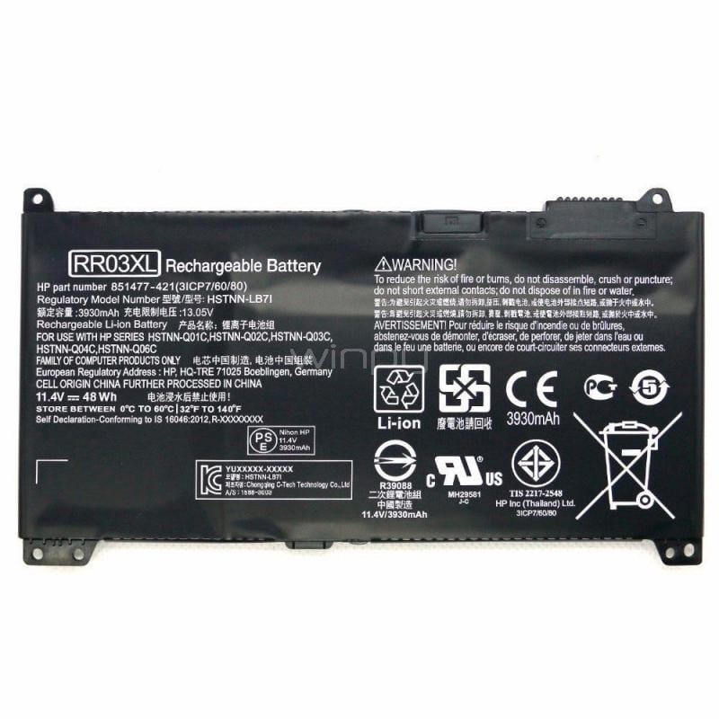 Batería HP RR03XL (11.4V, 48Wh, Li-Po, 3 celdas, Negro)
