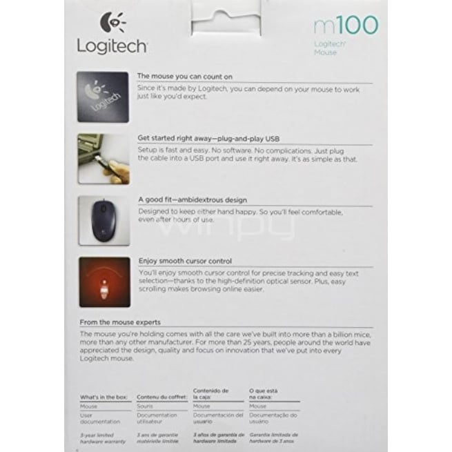Mouse Logitech M100 (USB, Óptico, 1000Dpi, Negro)