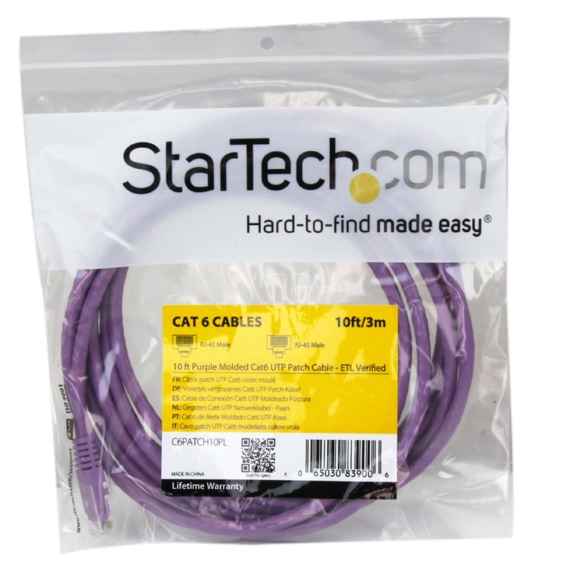 Cable de Red 3m Categoría Cat6 UTP RJ45 Gigabit Ethernet ETL - Patch Moldeado -  Morado - StarTech