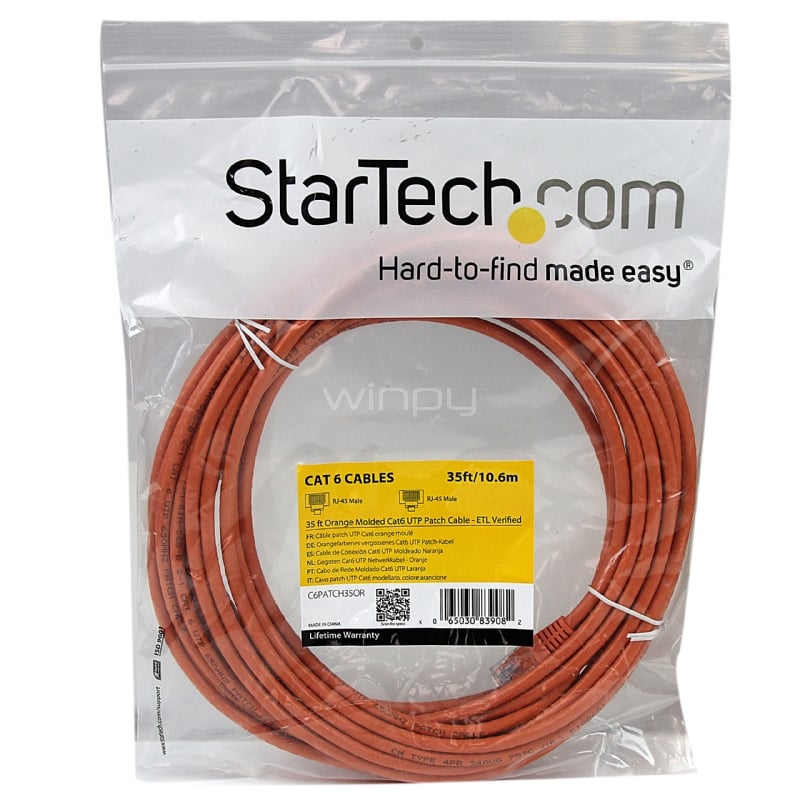 Cable de Red 10.6m Categoría Cat6 UTP RJ45 Gigabit Ethernet ETL - Patch Moldeado - Naranja - StarTech