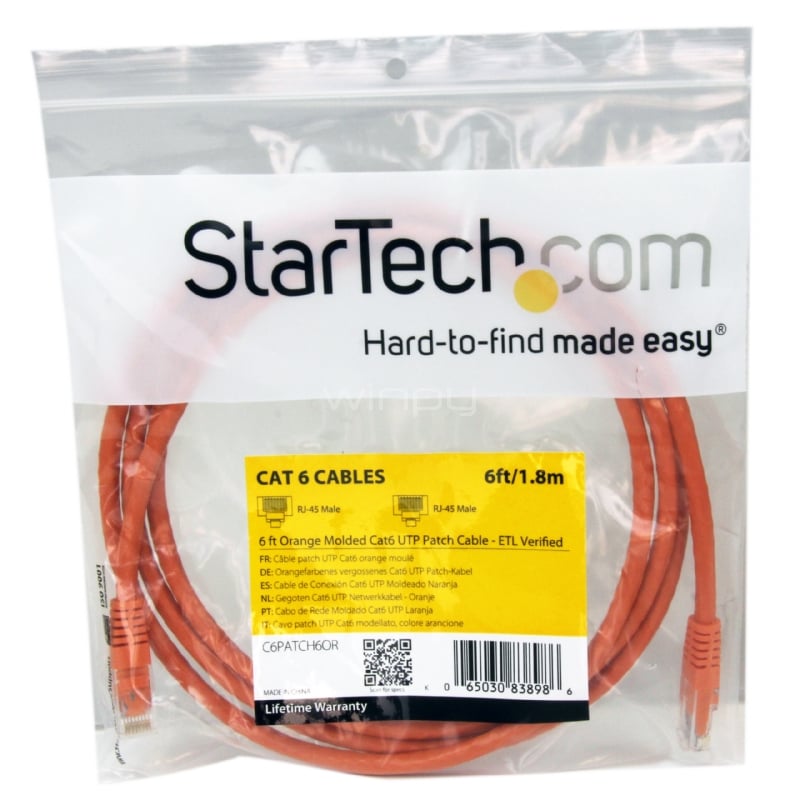 Cable de Red 1.8m Categoría Cat6 UTP RJ45 Gigabit Ethernet ETL - Patch Moldeado - Naranja - StarTech