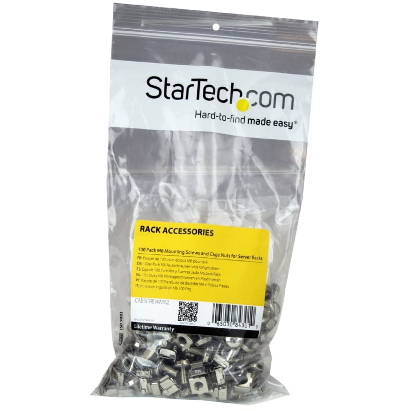 Paquete de 100 Tornillos y Tuercas Enjauladas Cage Nuts M6 para Rack Armario Servidores - StarTech