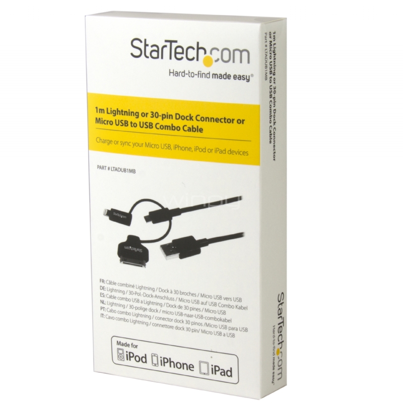 Cable de 1m Lightning, Dock de 30 pines o Micro USB a USB para iPod iPad iPhone - Color Negro - StarTech