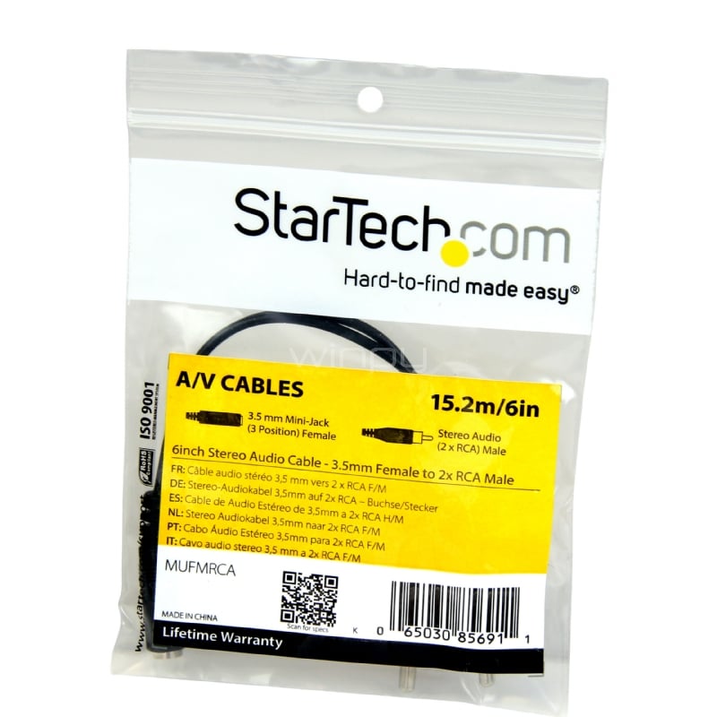 Cable Adaptador de 15cm de Audio Estéreo Mini Jack de 3,5mm Hembra a 2x RCA Macho - StarTech