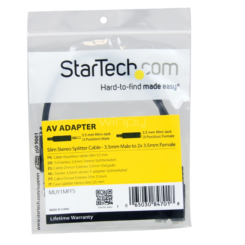 Adaptador Divisor de Auriculares Mini-Jack 3,5mm 3 pines Macho a 2x  Mini-Jack 3 pines Hembra - StarTech