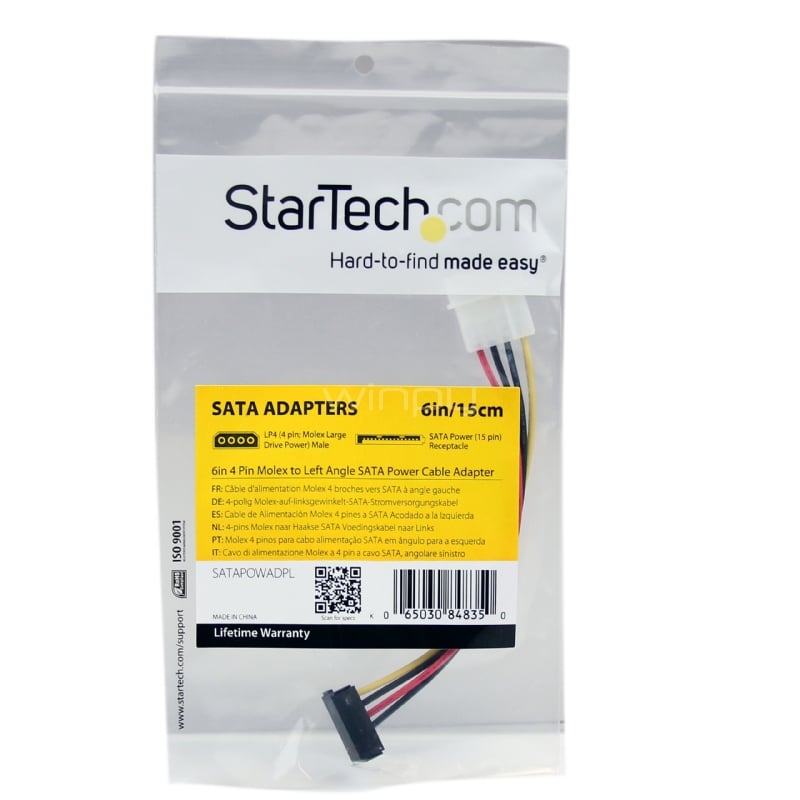 Adaptador Cable de 15cm Alimentación Corriente SATA Estándar con Ángulo a la Izquierda 15 Pines a Molex 4 Pines - Macho LP4 - StarTech