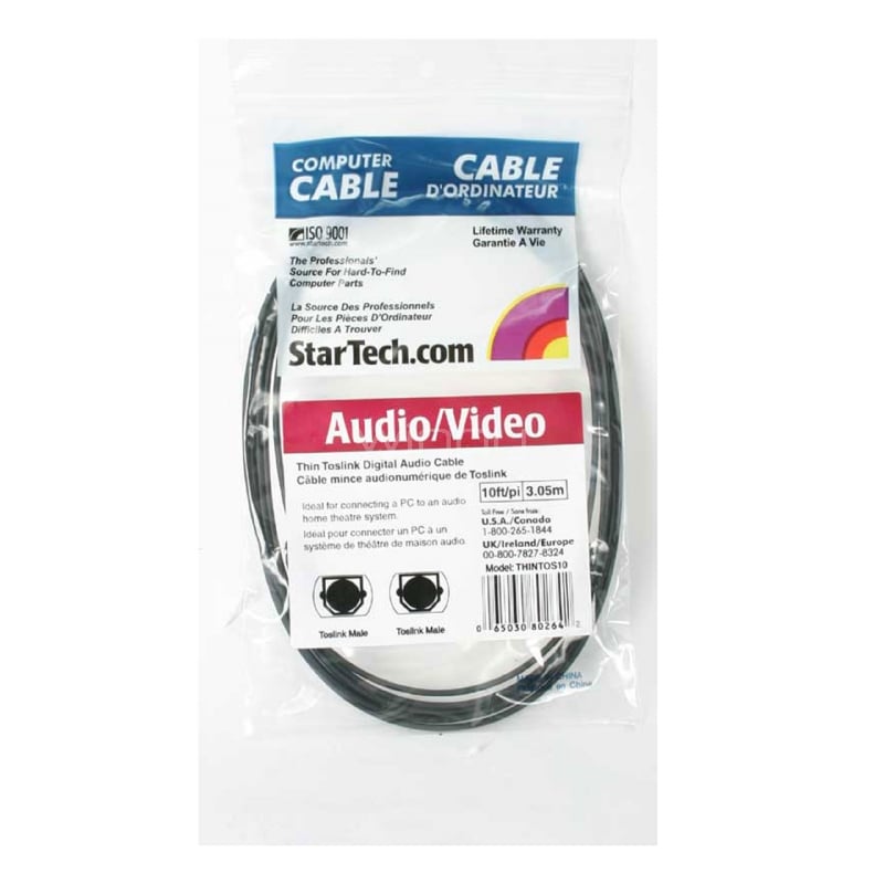 Cable 3m TosLink® Audio Digital Óptico SPDIF Delgado - Negro  - StarTech