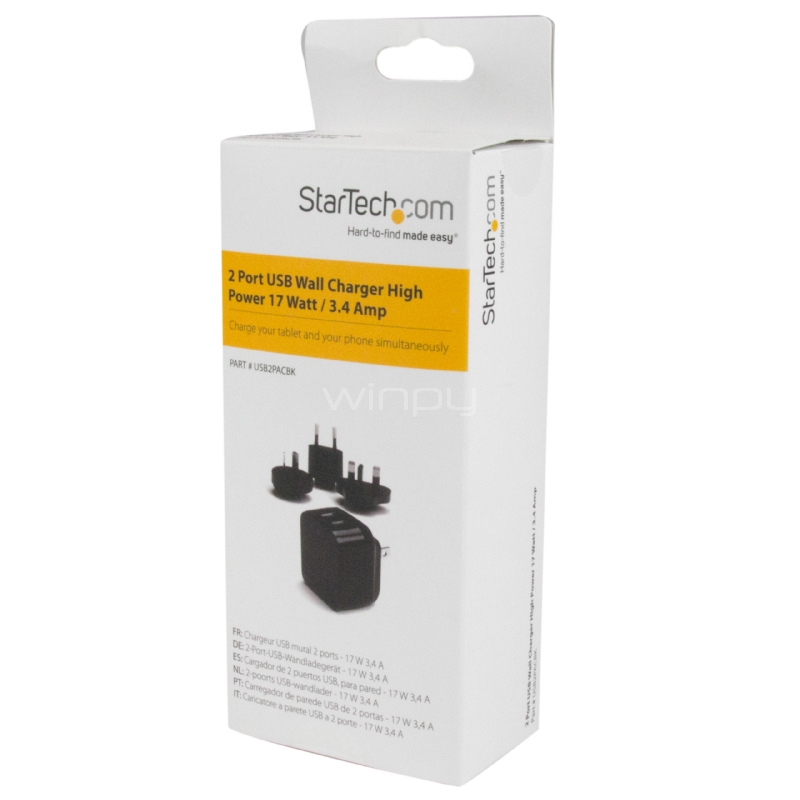 Cargador de Pared USB de 2 Puertos para Tablets Smartphones - Cargador de Alta Potencia para Viajes - StarTech