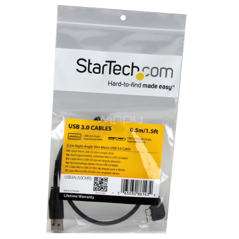Cable delgado de 0,5m Micro USB 3.0 acodado a la derecha a USB A - StarTech
