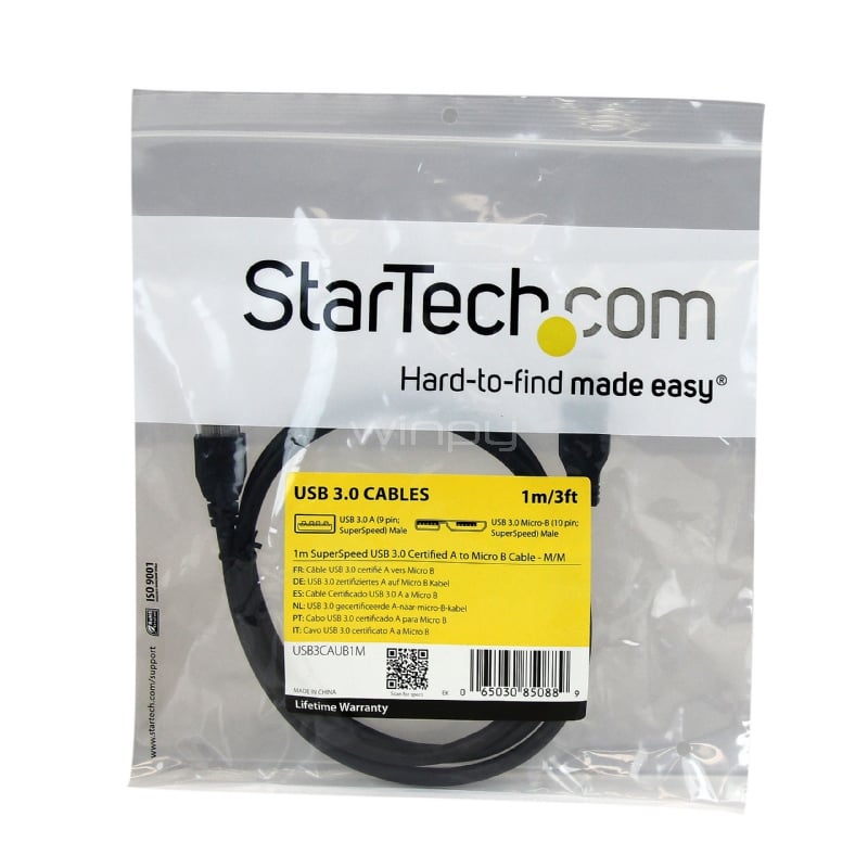 Cable Certificado 1m USB 3.0 Super Speed SS Micro USB B Macho a USB A Macho Adaptador - Negro - StarTech
