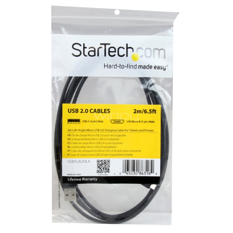 Cable de 2m Micro USB con conector acodado a la izquierda - Cable de Carga y Sincronización - StarTech