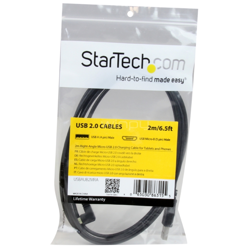 Cable de 2m Micro USB con conector acodado a la derecha - Cable de Carga y Sincronización - StarTech