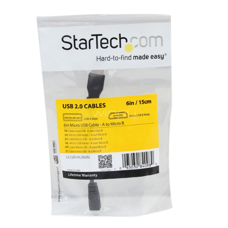 Cable Adaptador de 15cm USB A Macho a Micro USB B Macho para Teléfono Móvil Carga y Datos - Negro - StarTech