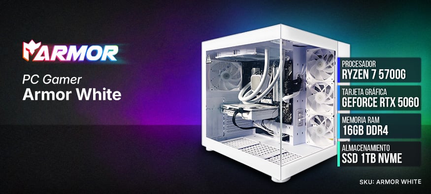 PC Gamer Armor White (Ryzen 7 5700G, RTX 5060, 16GB DDR4, 1TB NVMe, Free DOS)
