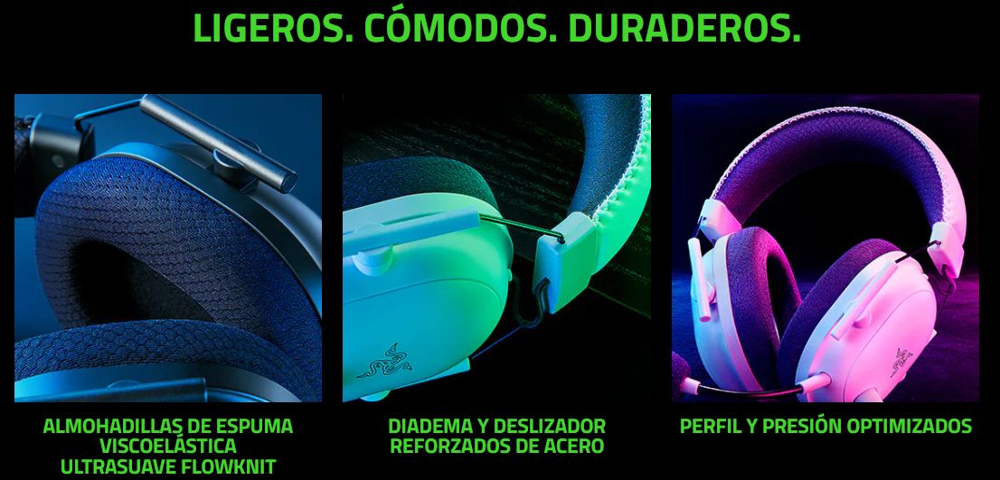 imagenes del audifonos en distintas tonalidades de luz, se ve la almohadillas de espuma viscoelastica y el diadema reforzado
