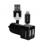 Cargador para Auto Duracell con Cable Lightning (USB-A x2, 2.1 Amp, Negro)