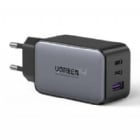 Cargador Rápido UGREEN GaN de 65W (USB-C 2x, USB-A 1x, PD 3.0, Gris)