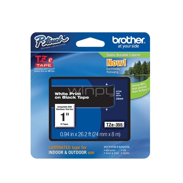 Cinta para rotuladoras Brother TZe355 (laminada, blanco sobre negro, 24mm x 8m, P-Touch)