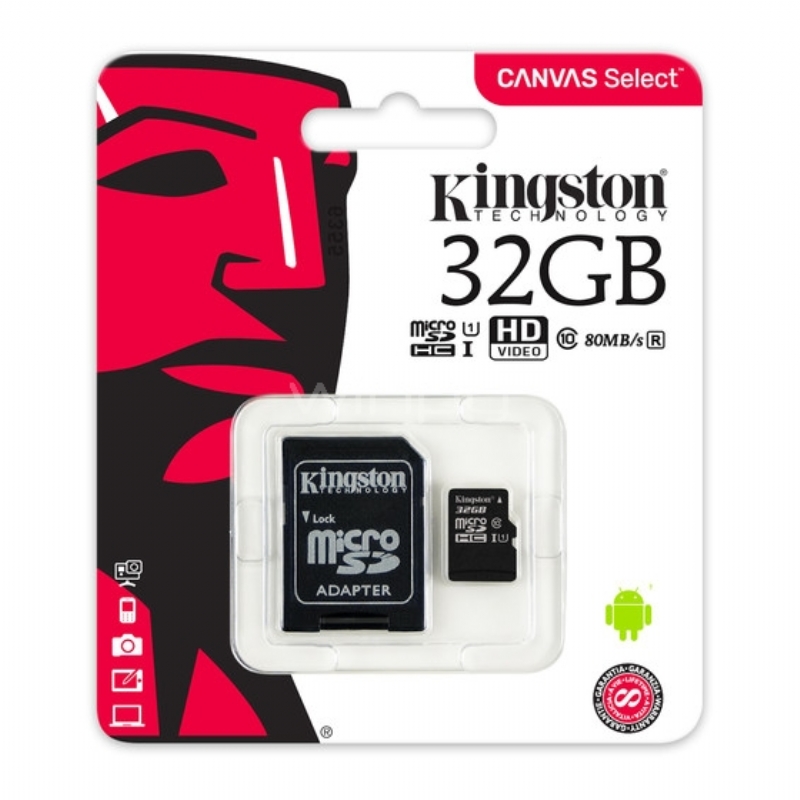 Tarjeta microSD Kingston Canvas Select de 32GB (Clase 10, UHS-I, U1, con adaptador SD)