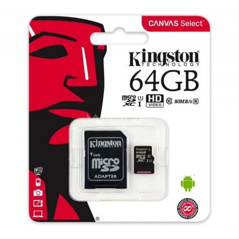 Tarjeta microSD Kingston Canvas Select de 64GB (Clase 10, UHS-I, U1, con adaptador SD)