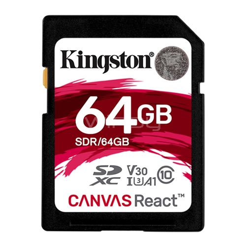 Tarjeta SD Kingston Canvas React de 64GB (Clase 10, 100MB/seg lectura, 80MB/seg escritura)