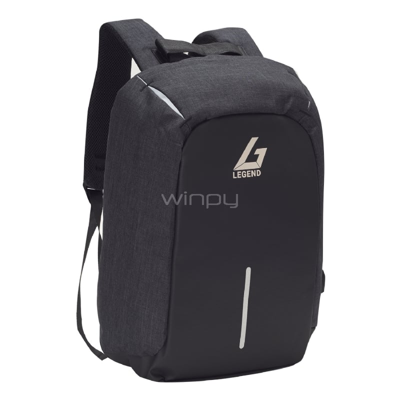 Mochila Antirrobo Legend M1713 - Negra (Cierre Seguridad, Tela Impermeable Anticortes, Cargador USB)