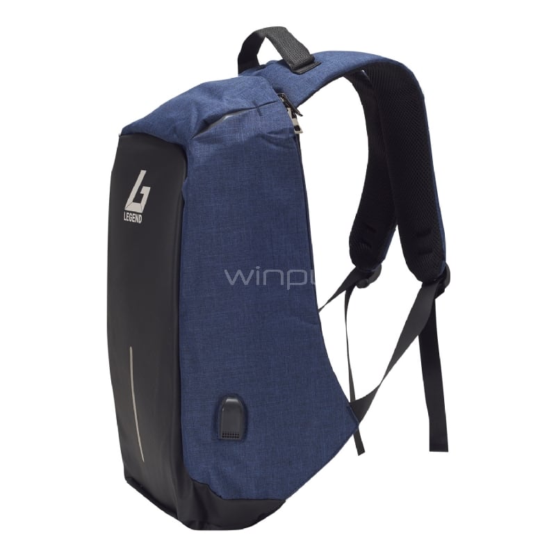 Mochila Antirrobo Legend M1713 - Negra/Azul (Cierre Seguridad, Tela Impermeable Anticortes, Cargador USB)