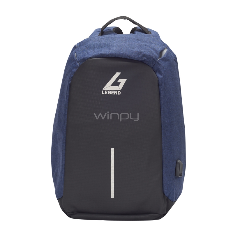 Mochila Antirrobo Legend M1713 - Negra/Azul (Cierre Seguridad, Tela Impermeable Anticortes, Cargador USB)